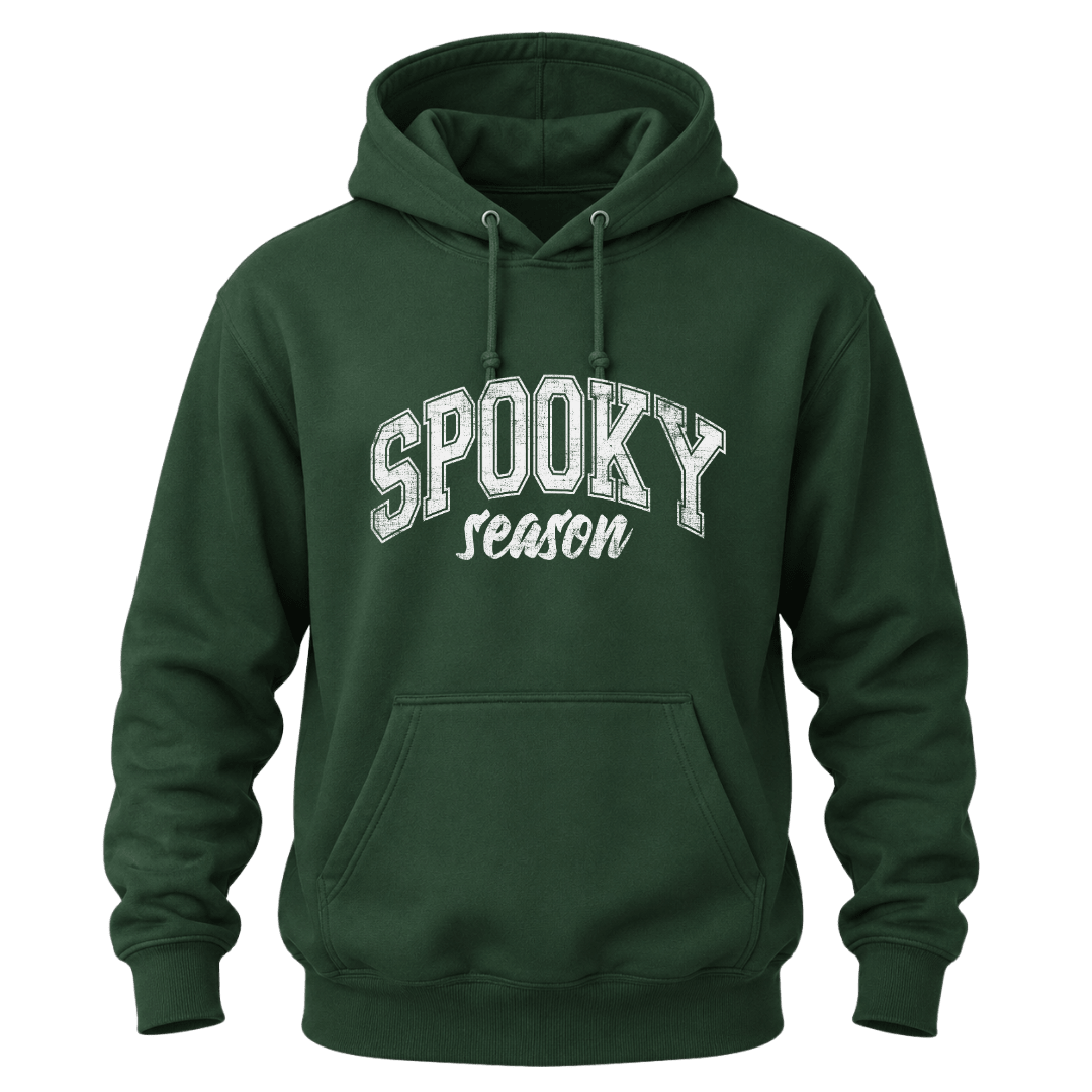 Forest green Halloween hoodie with white Spooky Season graphic for men and women