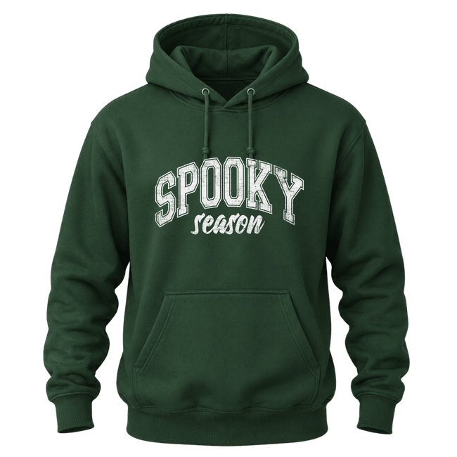 Forest green Halloween hoodie with white Spooky Season graphic for men and women
