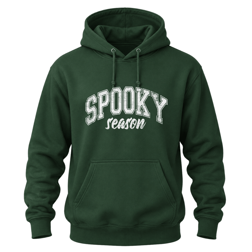 Forest green Halloween hoodie with white Spooky Season graphic for men and women