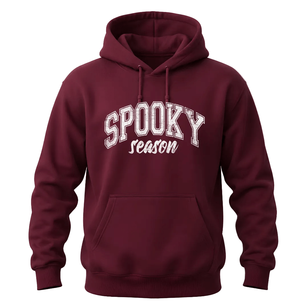 Maroon Spooky Season unisex Halloween pullover with white vintage collegiate lettering