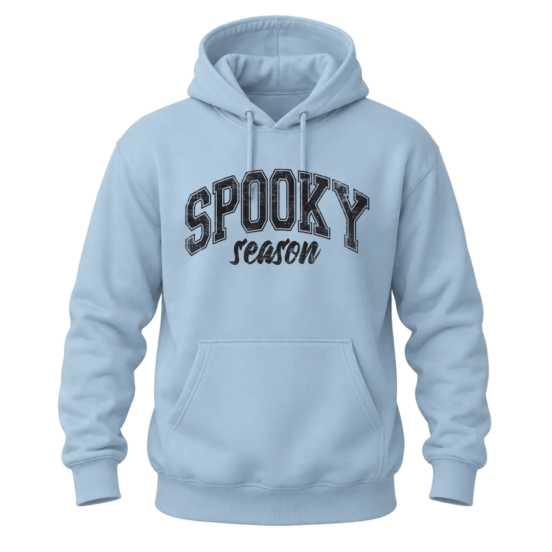 Light blue Spooky Season hoodie with black distressed lettering for Halloween and fall fashion