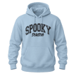 Light blue Spooky Season hoodie with black distressed lettering for Halloween and fall fashion