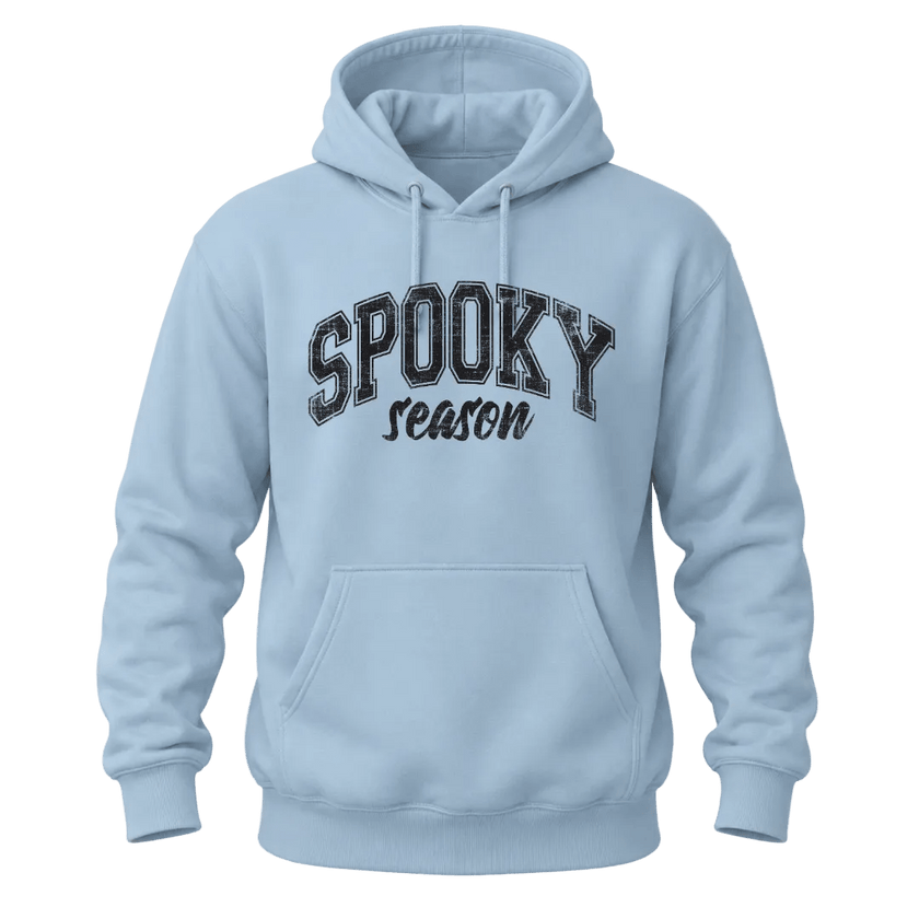 Light blue Spooky Season hoodie with black distressed lettering for Halloween and fall fashion