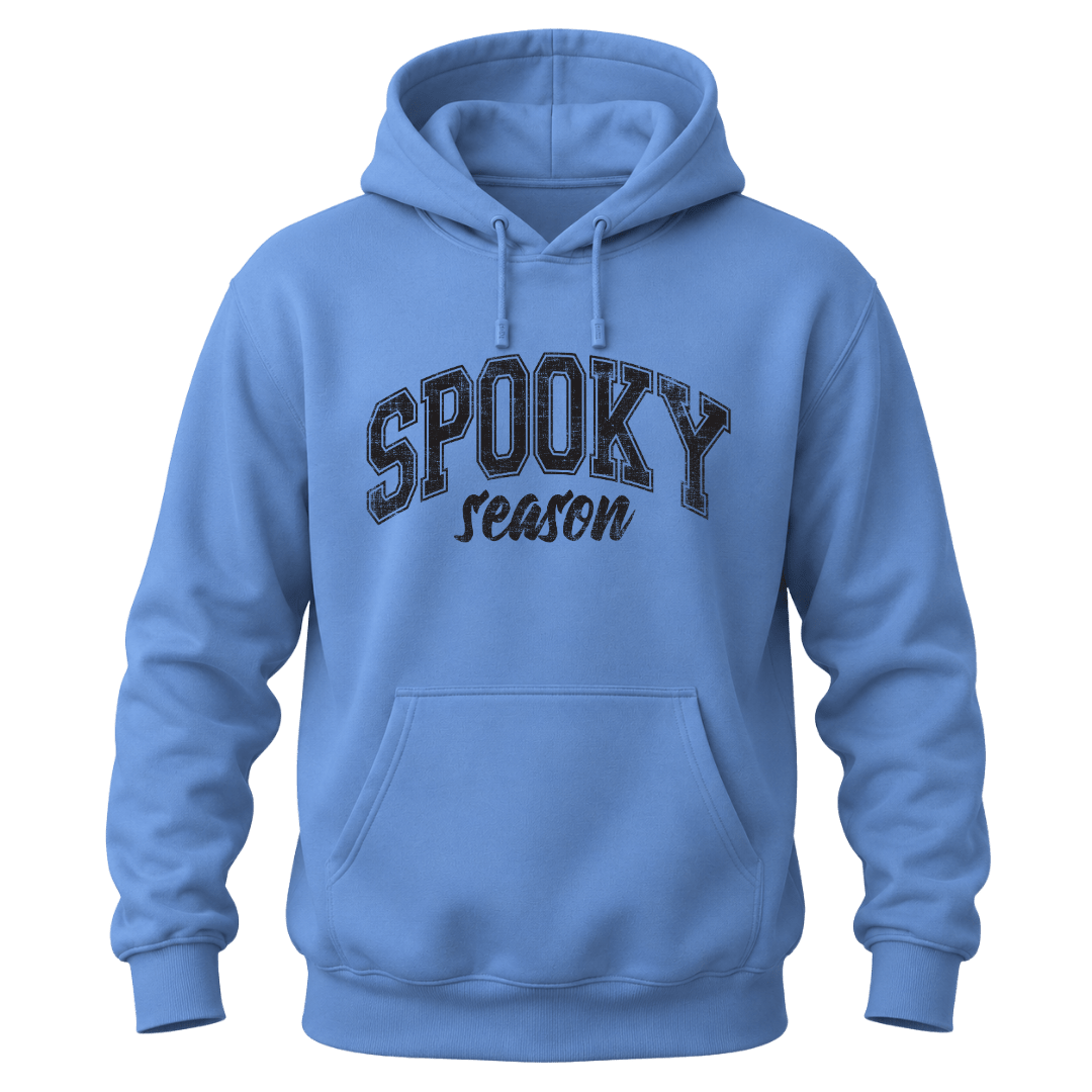 Carolina blue unisex Spooky Season Halloween hoodie with distressed collegiate lettering and front kangaroo pocket