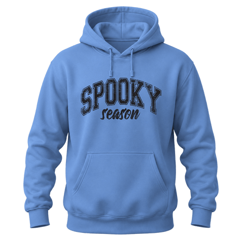 Carolina blue unisex Spooky Season Halloween hoodie with distressed collegiate lettering and front kangaroo pocket