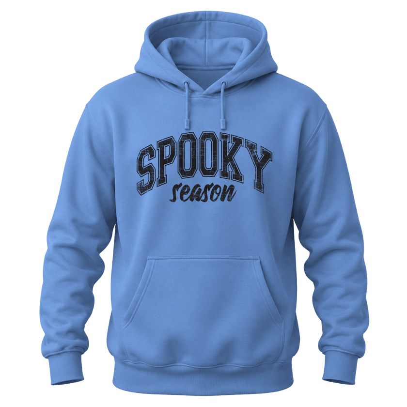 Carolina blue unisex Spooky Season Halloween hoodie with distressed collegiate lettering and front kangaroo pocket
