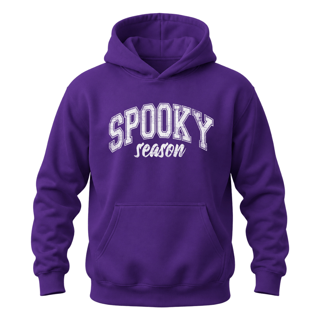 Purple unisex Spooky Season hoodie with white collegiate graphic for Halloween parties and fall outfits