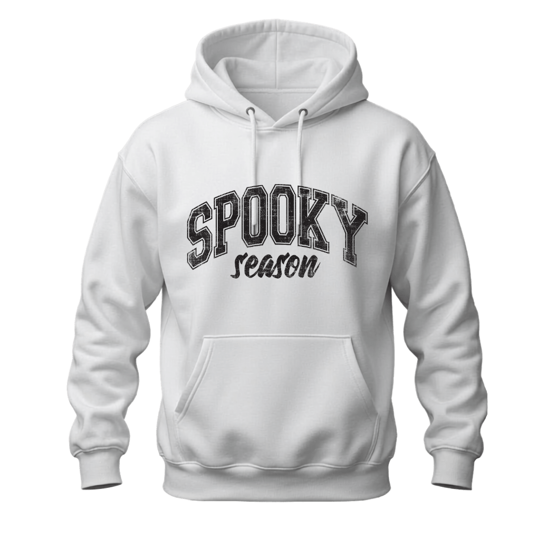 White Spooky Season hoodie with black distressed Halloween graphic for men and women