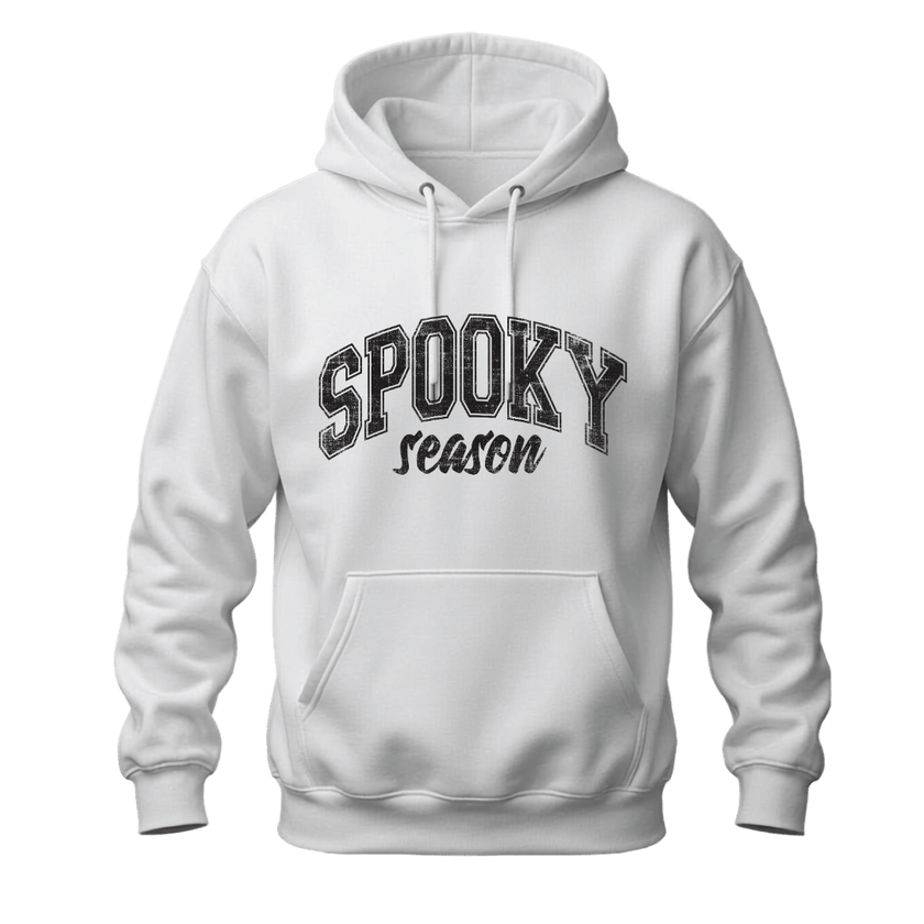 White Spooky Season hoodie with black distressed Halloween graphic for men and women