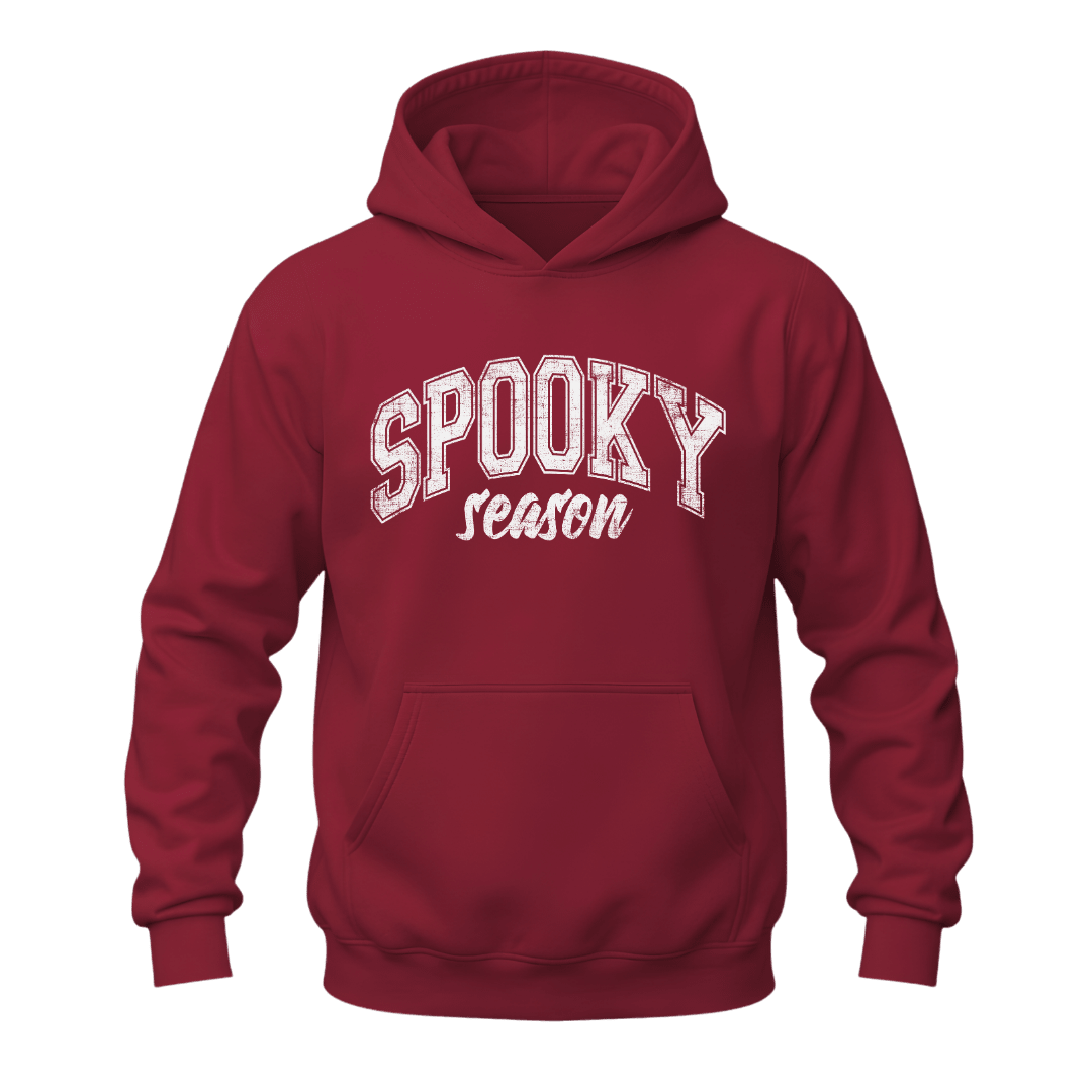 Cardinal red unisex Spooky Season hoodie with white Halloween graphic for autumn and October outfits