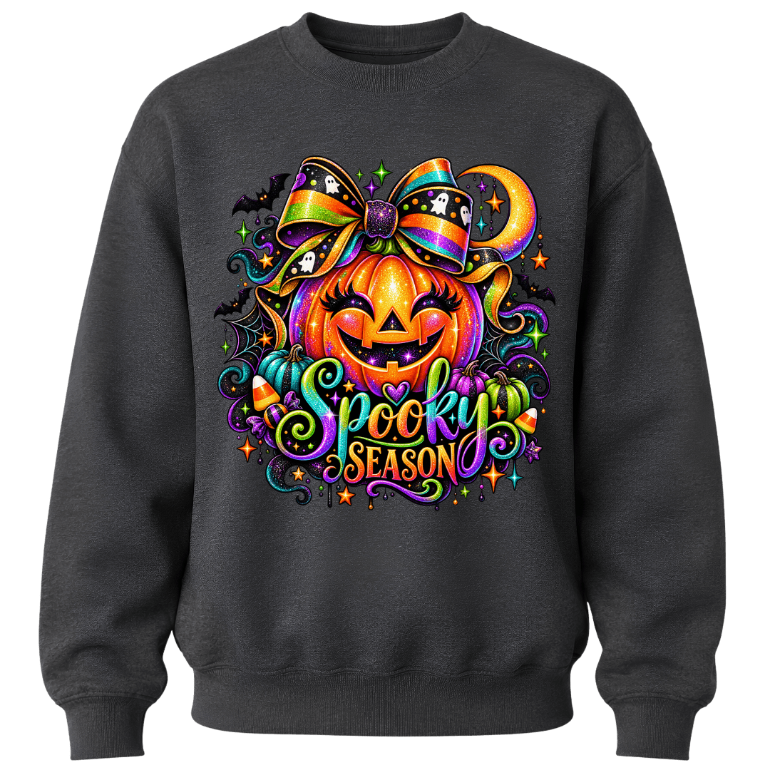Charcoal Grey youth girls Spooky Season crewneck with rainbow bow, smiling pumpkin and vibrant Halloween design
