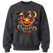 Charcoal Grey youth girls Spooky Season crewneck with rainbow bow, smiling pumpkin and vibrant Halloween design