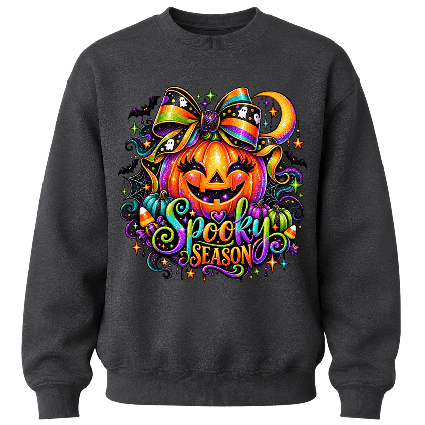 Charcoal Grey youth girls Spooky Season crewneck with rainbow bow, smiling pumpkin and vibrant Halloween design