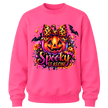 Safety Pink youth girls Halloween crewneck featuring a bright jack o lantern, leopard bow and colourful Spooky Season design