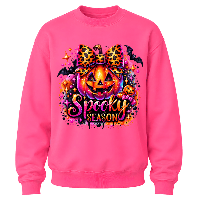 Safety Pink youth girls Halloween crewneck featuring a bright jack o lantern, leopard bow and colourful Spooky Season design