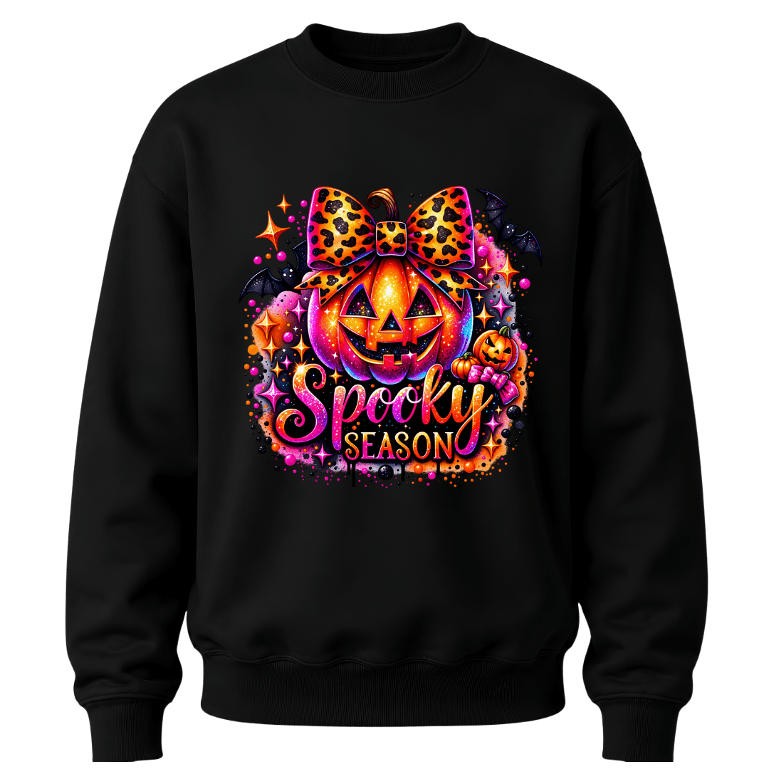 Black girls Halloween sweatshirt featuring leopard bow jack o lantern and colourful Spooky Season pumpkin artwork
