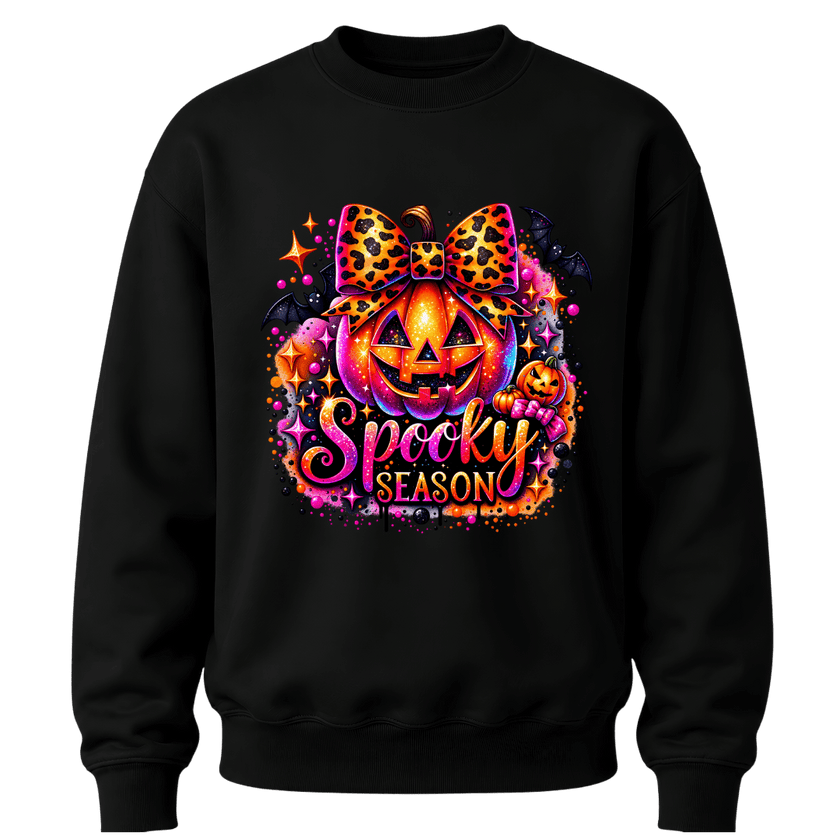 Black girls Halloween sweatshirt featuring leopard bow jack o lantern and colourful Spooky Season pumpkin artwork
