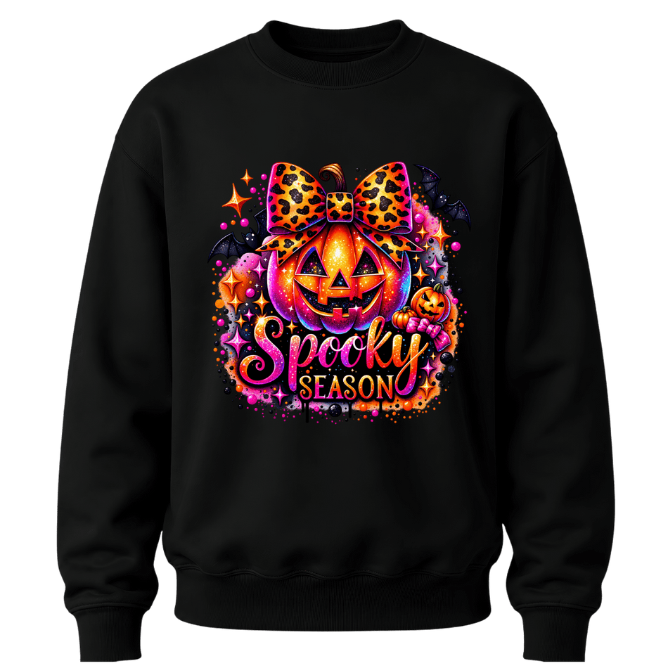 Black girls Halloween sweatshirt featuring leopard bow jack o lantern and colourful Spooky Season pumpkin artwork