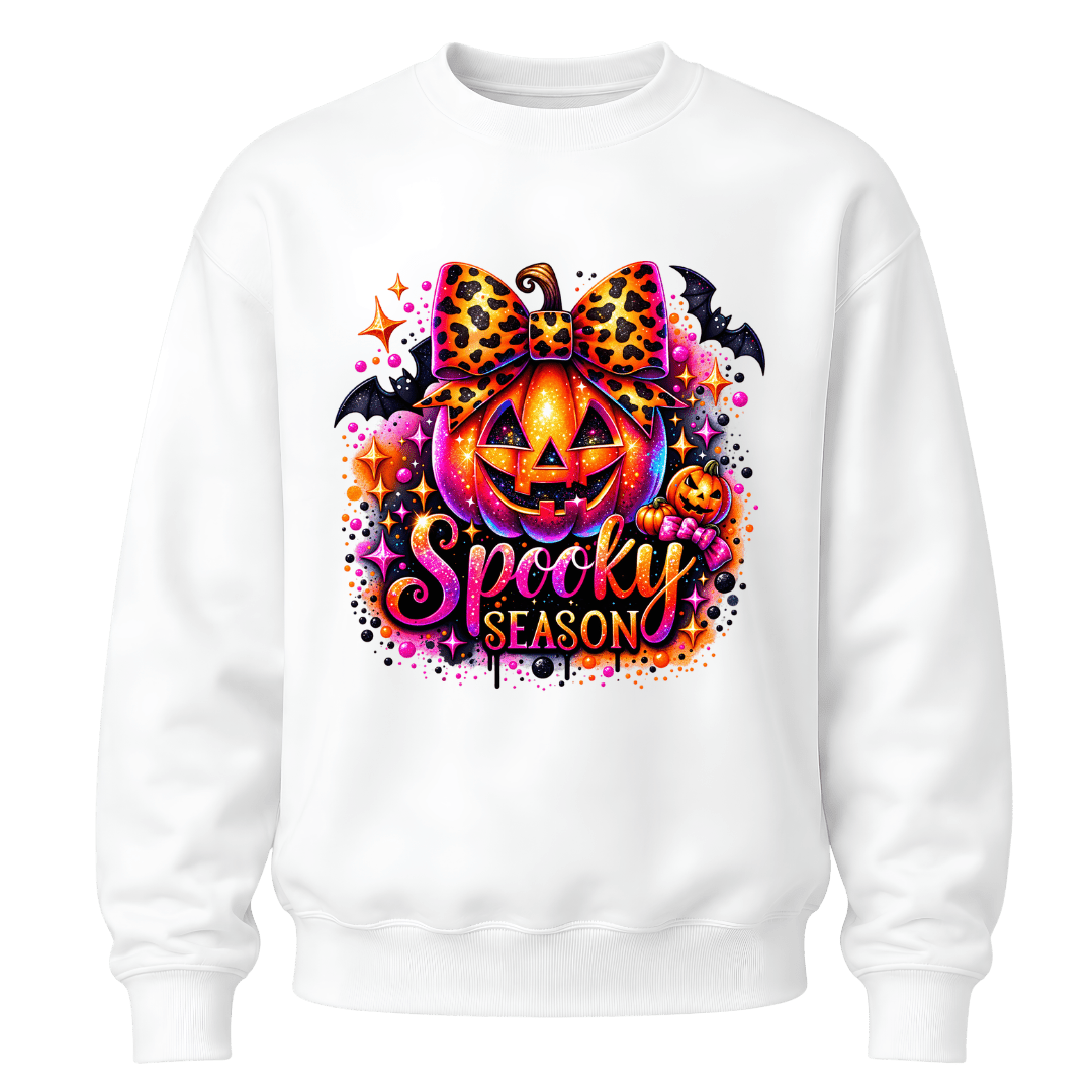 White girls Spooky Season crewneck with glowing jack o lantern, leopard print bow, bats and colourful Halloween accents