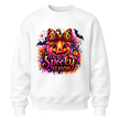 White girls Spooky Season crewneck with glowing jack o lantern, leopard print bow, bats and colourful Halloween accents