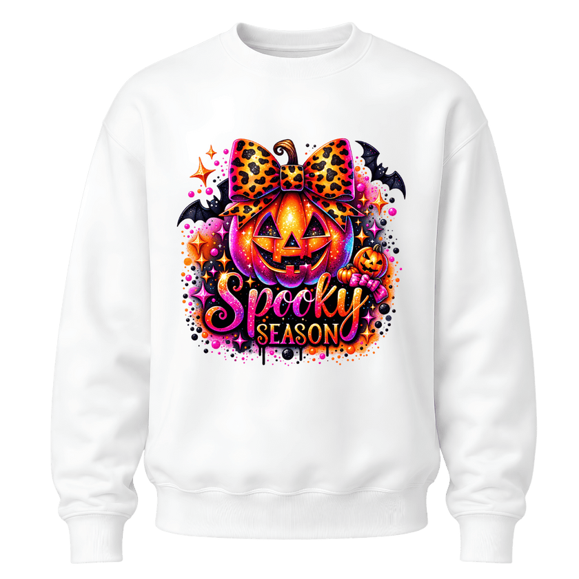 White girls Spooky Season crewneck with glowing jack o lantern, leopard print bow, bats and colourful Halloween accents