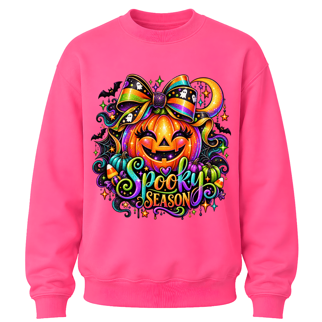 Safety Pink girls Spooky Season sweatshirt with rainbow bow pumpkin, bats, stars and vibrant Halloween artwork