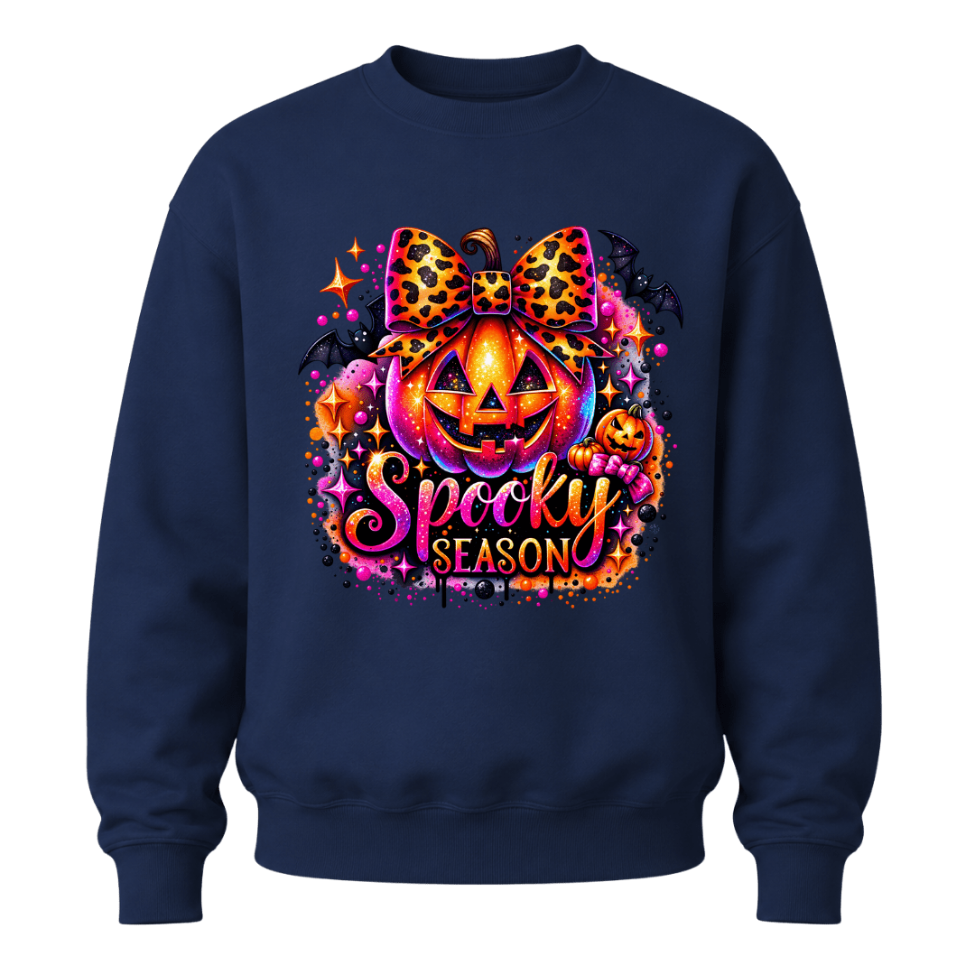 Navy girls Spooky Season sweatshirt with leopard bow jack o lantern and vibrant pink orange Halloween artwork