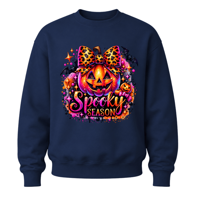 Navy girls Spooky Season sweatshirt with leopard bow jack o lantern and vibrant pink orange Halloween artwork