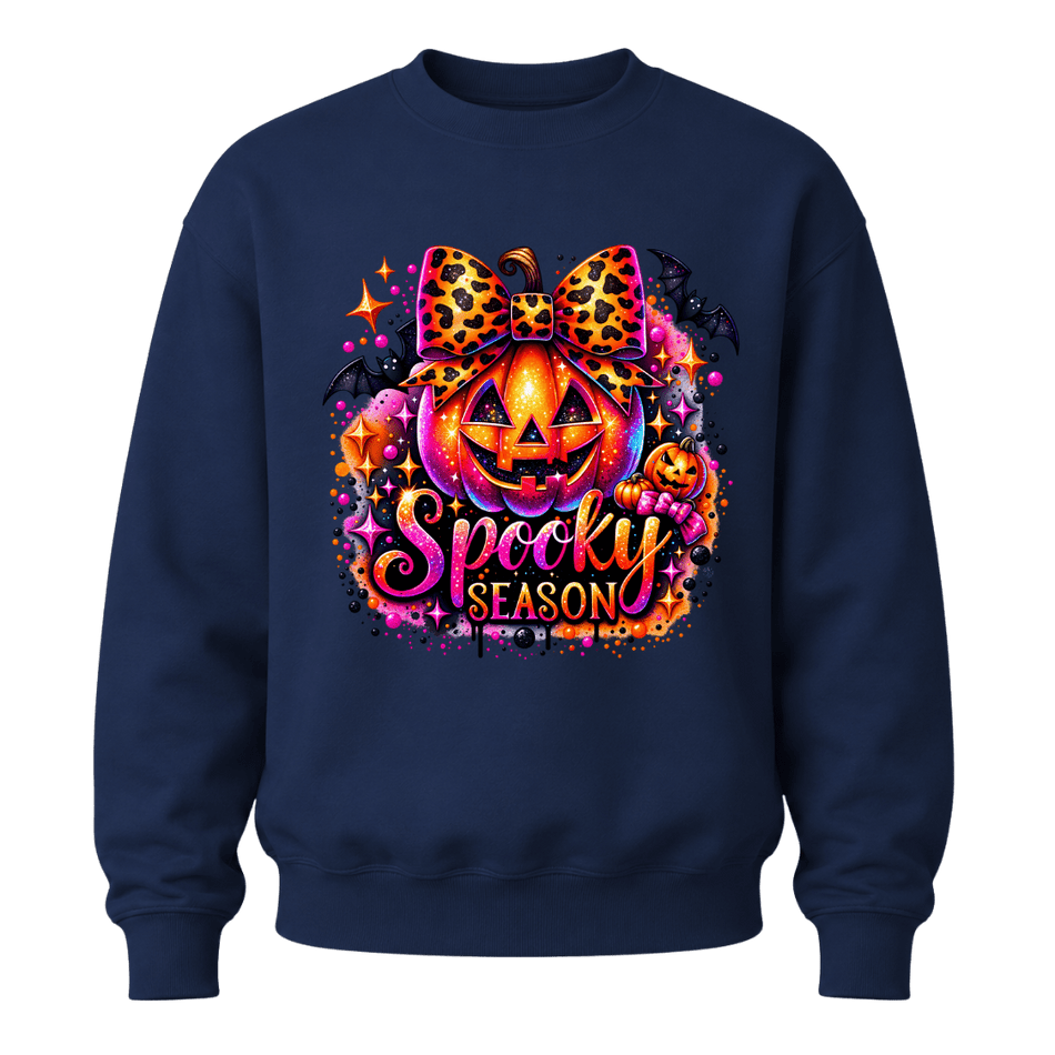 Navy girls Spooky Season sweatshirt with leopard bow jack o lantern and vibrant pink orange Halloween artwork