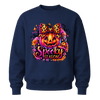Navy girls Spooky Season sweatshirt with leopard bow jack o lantern and vibrant pink orange Halloween artwork