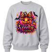 Grey girls Spooky Season sweatshirt with leopard print bow, glowing pumpkin and bright Halloween graphic