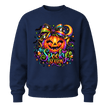 Navy youth girls Halloween crewneck featuring rainbow bow pumpkin, colourful Spooky Season lettering and bats