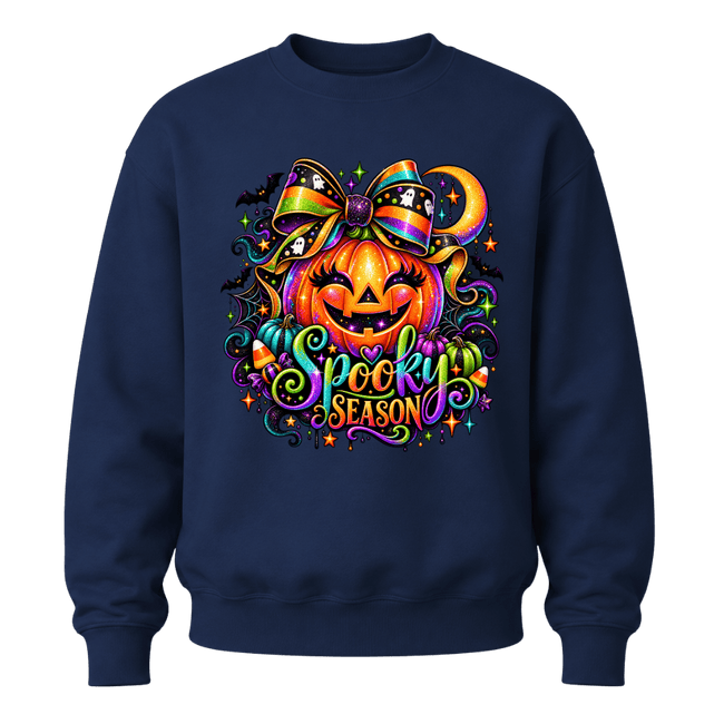 Navy youth girls Halloween crewneck featuring rainbow bow pumpkin, colourful Spooky Season lettering and bats