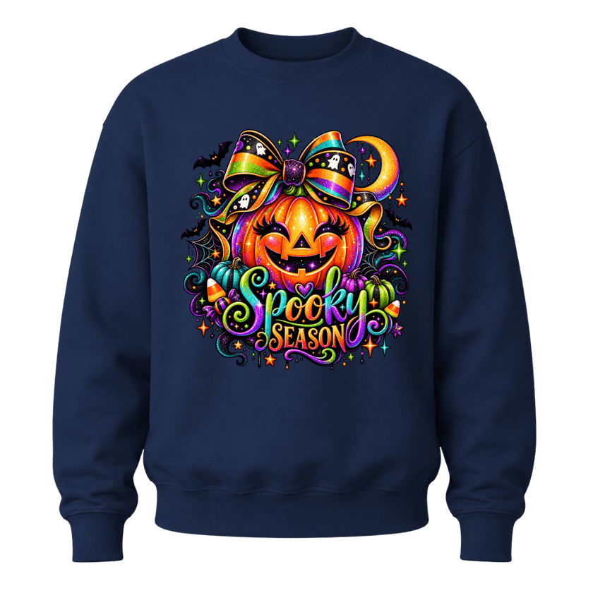 Navy youth girls Halloween crewneck featuring rainbow bow pumpkin, colourful Spooky Season lettering and bats