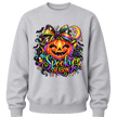 Grey youth girls Halloween crewneck with colourful rainbow bow pumpkin, bats and festive Spooky Season artwork