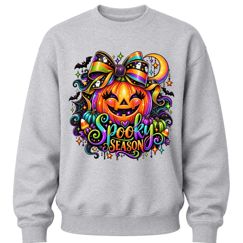 Grey youth girls Halloween crewneck with colourful rainbow bow pumpkin, bats and festive Spooky Season artwork
