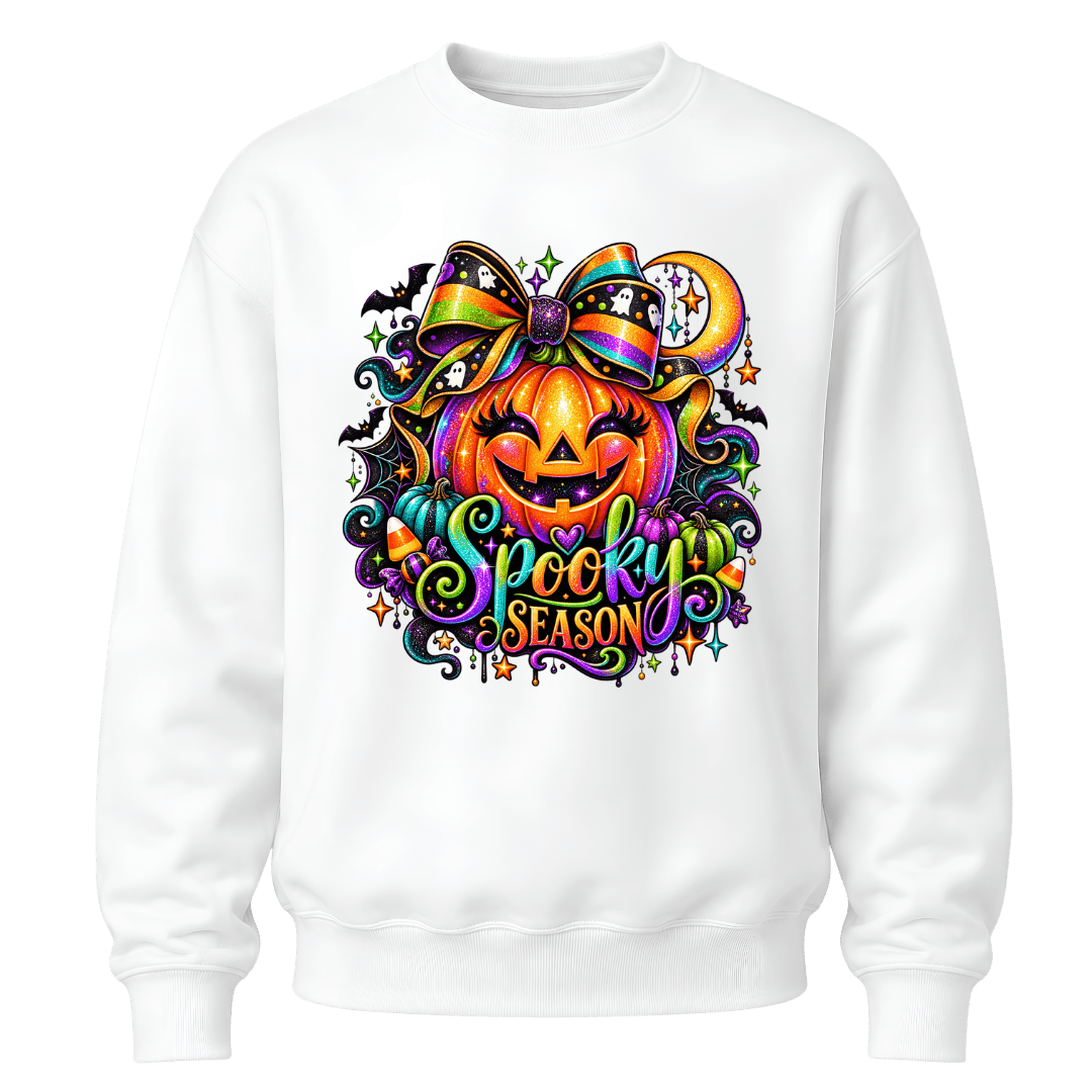 White youth girls Halloween sweatshirt featuring colourful pumpkin artwork, rainbow bow and Spooky Season lettering