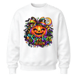 White youth girls Halloween sweatshirt featuring colourful pumpkin artwork, rainbow bow and Spooky Season lettering