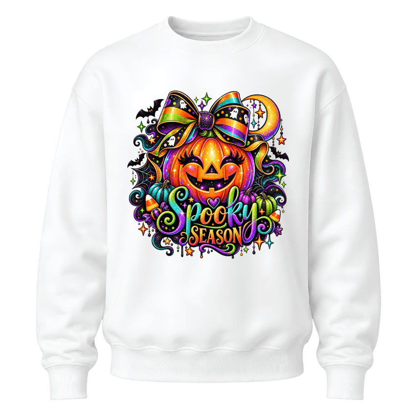 White youth girls Halloween sweatshirt featuring colourful pumpkin artwork, rainbow bow and Spooky Season lettering