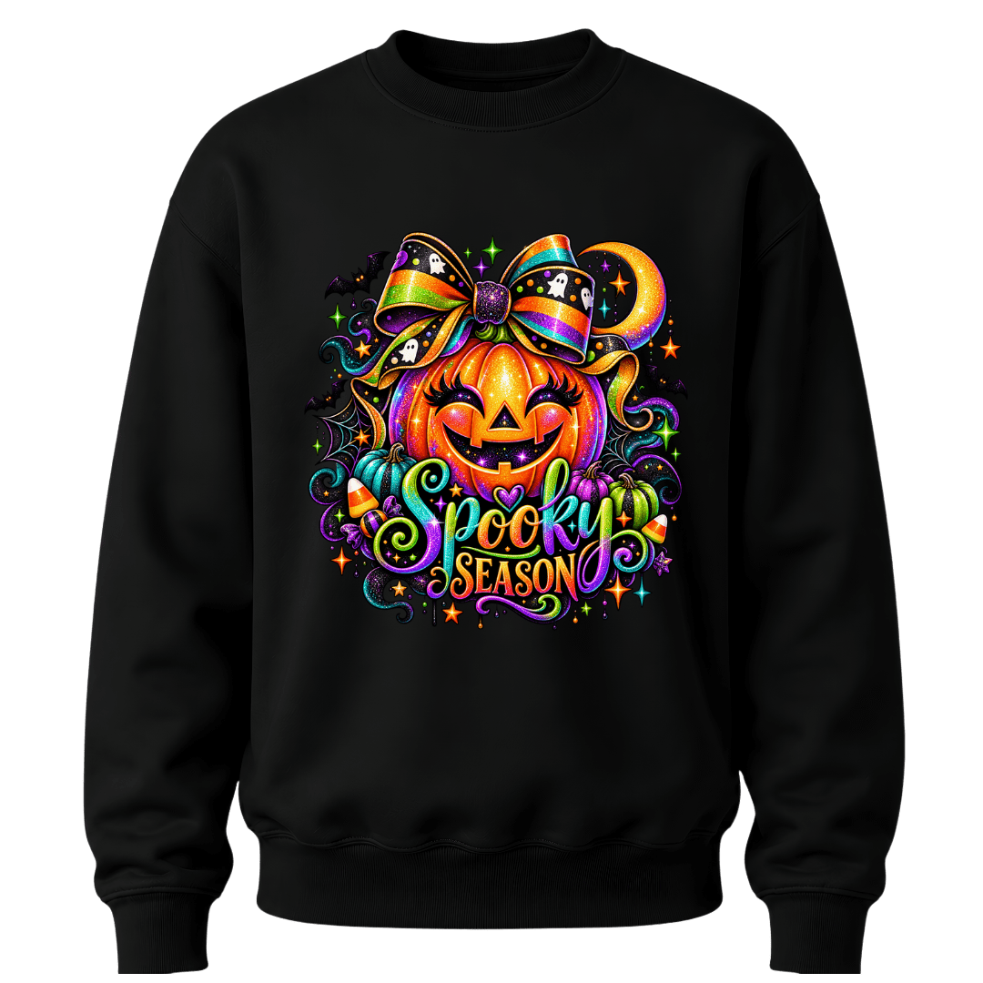 Black youth girls Halloween crewneck with rainbow bow pumpkin and bright multicolour Spooky Season graphic