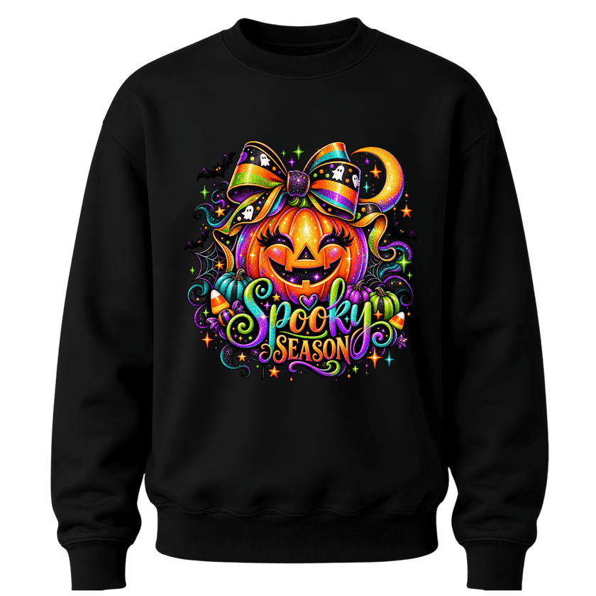 Black youth girls Halloween crewneck with rainbow bow pumpkin and bright multicolour Spooky Season graphic