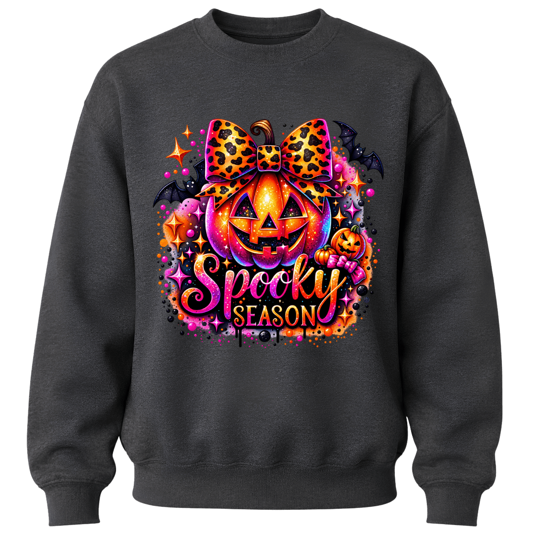 Charcoal Grey girls Halloween sweatshirt featuring colourful jack o lantern, leopard bow and Spooky Season lettering