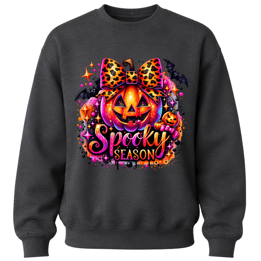 Charcoal Grey girls Halloween sweatshirt featuring colourful jack o lantern, leopard bow and Spooky Season lettering