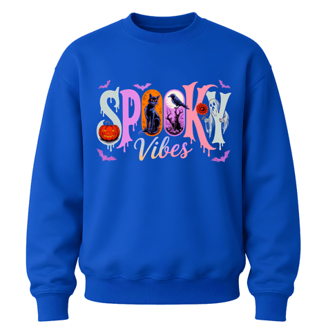 Youth Royal Blue Spooky Vibes Halloween crewneck available in seasonal colours with colourful pumpkin, ghost, raven, black cat and bat design.