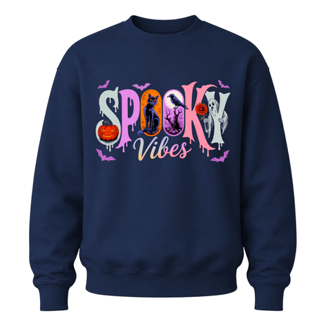 A navy blue crewneck sweatshirt featuring a colorful 'Spooky Vibes' graphic on the chest with Halloween-themed illustrations.