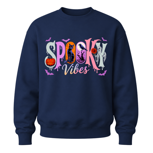 A navy blue crewneck sweatshirt featuring a colorful 'Spooky Vibes' graphic on the chest with Halloween-themed illustrations.