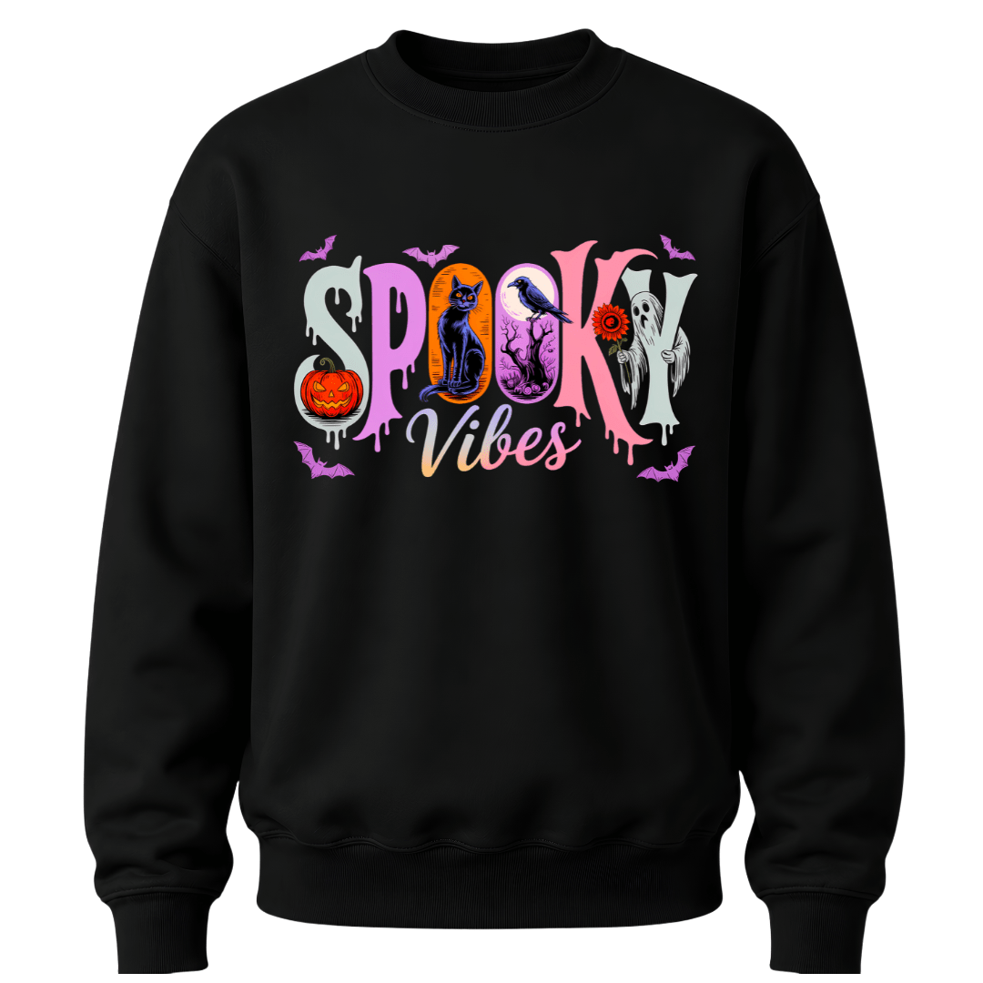 Black youth Halloween crewneck sweater featuring colourful Spooky Vibes lettering with pumpkin, black cat, raven, ghost and bats.