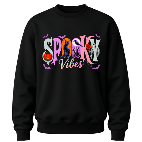 Black youth Halloween crewneck sweater featuring colourful Spooky Vibes lettering with pumpkin, black cat, raven, ghost and bats.