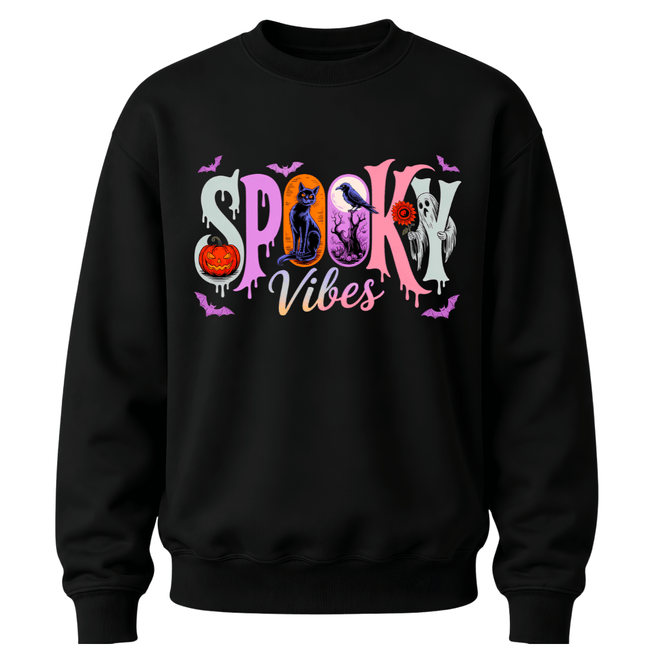 Black youth Halloween crewneck sweater featuring colourful Spooky Vibes lettering with pumpkin, black cat, raven, ghost and bats.