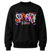 Black youth Halloween crewneck sweater featuring colourful Spooky Vibes lettering with pumpkin, black cat, raven, ghost and bats.